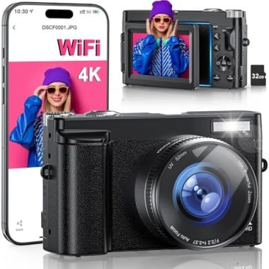 4K Digital Camera for Photography, WiFi 64MP 180° Flip Screen 3″ Autofocus Vlogging Camera for YouTube, 16X Zoom Compact Point and Shoot Cameras for Beginner with 32GB Card, 2 Batteries
